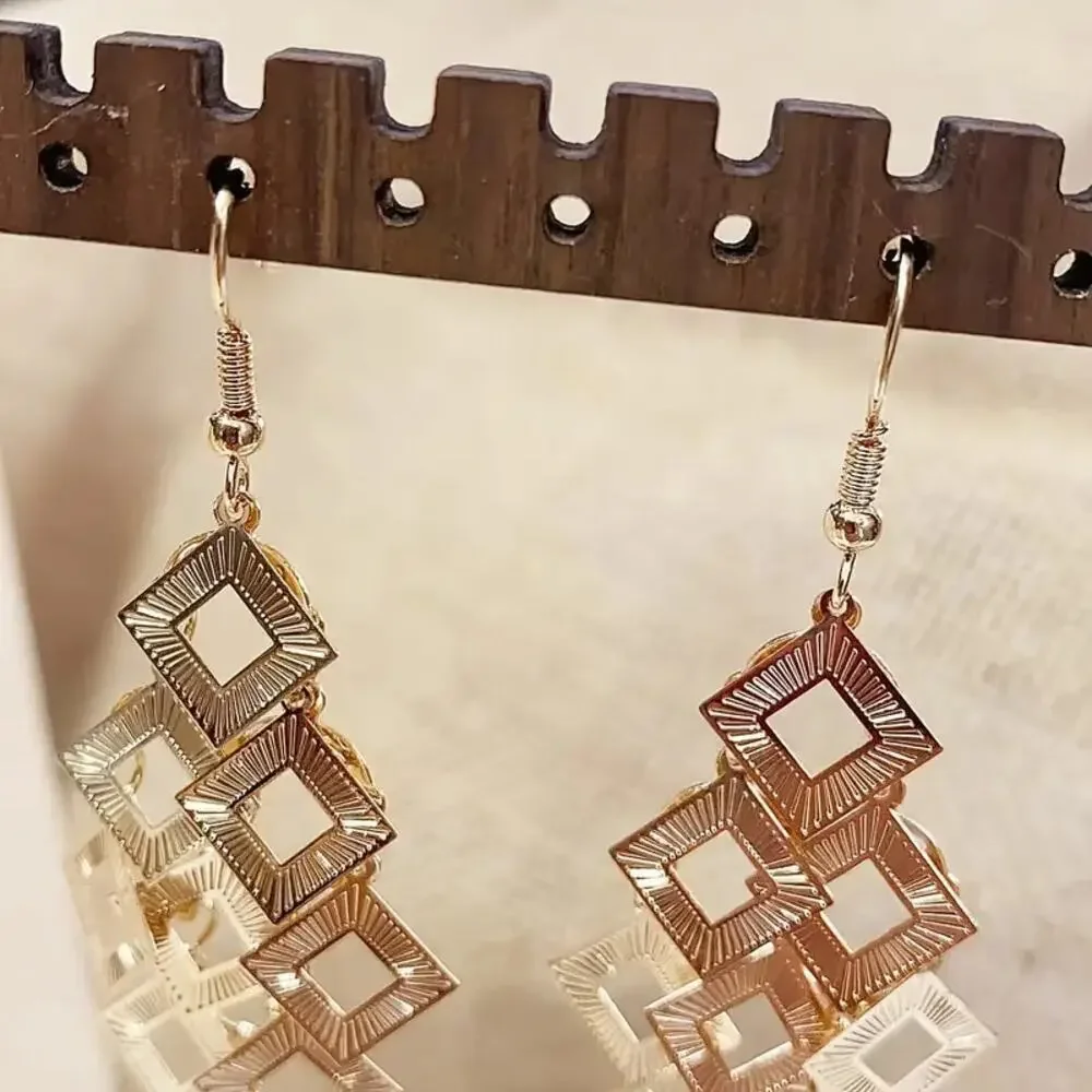 NEW Gold Dangle Earrings – Boho Chic Square Tassel with Hollow Out Design